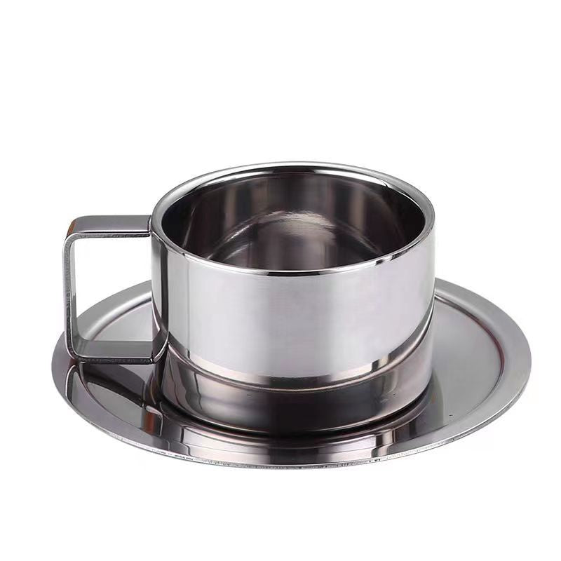 Coffee cup set three-piece set 304 stainless steel cup double-layer cup household water cup with spoon plate office