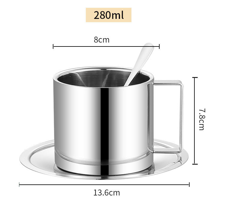 Coffee cup set three-piece set 304 stainless steel cup double-layer cup household water cup with spoon plate office