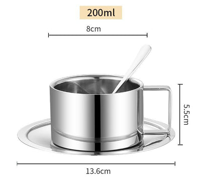 Coffee cup set three-piece set 304 stainless steel cup double-layer cup household water cup with spoon plate office