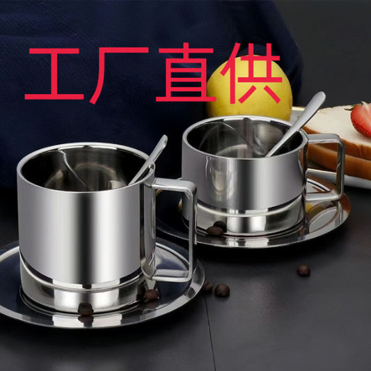 Coffee cup set three-piece set 304 stainless steel cup double-layer cup household water cup with spoon plate office