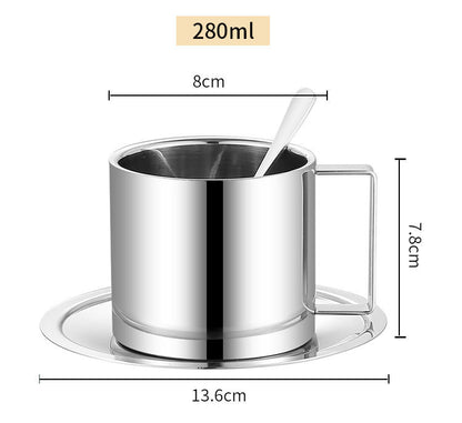 Coffee cup set three-piece set 304 stainless steel cup double-layer cup household water cup with spoon plate office