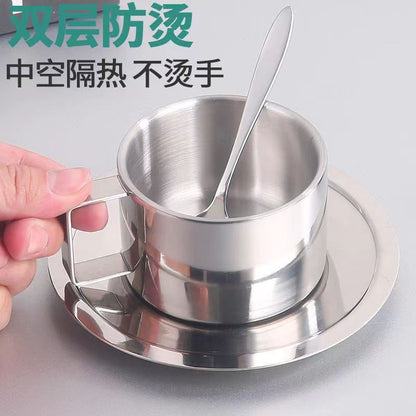 Coffee cup set three-piece set 304 stainless steel cup double-layer cup household water cup with spoon plate office